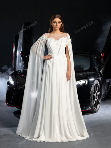Floral Applique Detail Off Shoulder Cape Sleeves Chiffon Wedding Dress