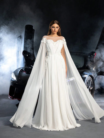 Floral Applique Detail Off Shoulder Cape Sleeves Chiffon Wedding Dress
