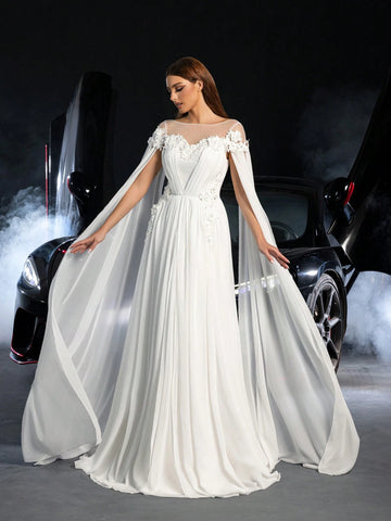 Floral Applique Detail Off Shoulder Cape Sleeves Chiffon Wedding Dress