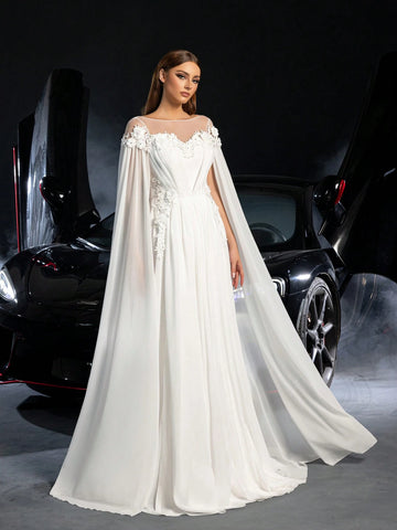 Floral Applique Detail Off Shoulder Cape Sleeves Chiffon Wedding Dress