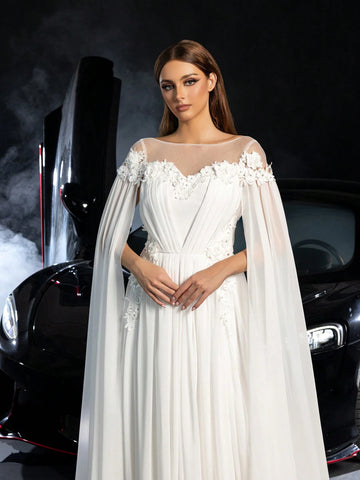 Floral Applique Detail Off Shoulder Cape Sleeves Chiffon Wedding Dress