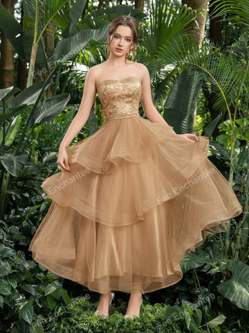 Floral Applique Sequin Bodice Contrast Tulle Layered Hem Strapless Party Dress