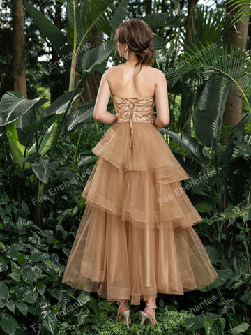 Floral Applique Sequin Bodice Contrast Tulle Layered Hem Strapless Party Dress