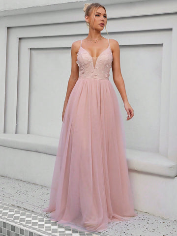 Floral Appliques Mesh Overlay Cami Wedding Dress