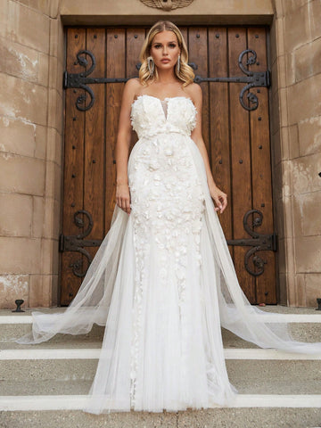Floral Appliques Mesh Overlay Tube Wedding Dress