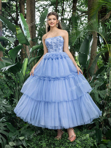Floral Beaded Bodice Contrast Layered Tulle Hem Prom Tube Homecoming Dress Perfect For Back To School, Gathering, Dance & Cocktail Events