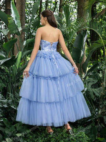 Floral Beaded Bodice Contrast Layered Tulle Hem Prom Tube Homecoming Dress Perfect For Back To School, Gathering, Dance & Cocktail Events