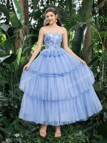 Floral Beaded Bodice Contrast Layered Tulle Hem Prom Tube Homecoming Dress Perfect For Back To School, Gathering, Dance & Cocktail Events