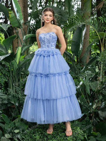 Floral Beaded Bodice Contrast Layered Tulle Hem Prom Tube Homecoming Dress Perfect For Back To School, Gathering, Dance & Cocktail Events