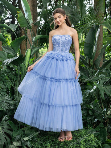 Floral Beaded Bodice Contrast Layered Tulle Hem Prom Tube Homecoming Dress Perfect For Back To School, Gathering, Dance & Cocktail Events