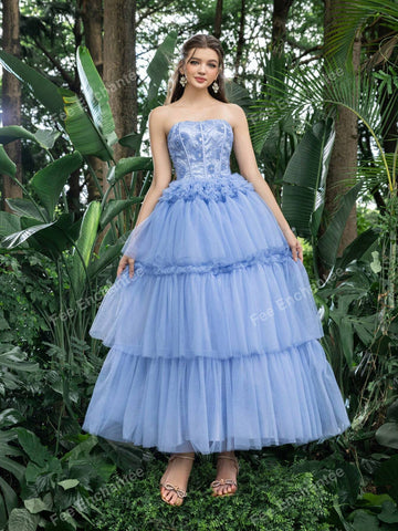 Floral Beaded Bodice Contrast Layered Tulle Hem Prom Tube Homecoming Dress Perfect For Back To School, Gathering, Dance & Cocktail Events