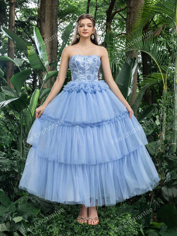 Floral Beaded Bodice Contrast Layered Tulle Hem Prom Tube Homecoming Dress Perfect For Back To School, Gathering, Dance & Cocktail Events