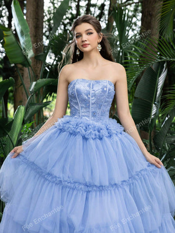 Floral Beaded Bodice Contrast Layered Tulle Hem Prom Tube Homecoming Dress Perfect For Back To School, Gathering, Dance & Cocktail Events