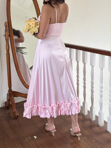 Floral Bud Big Swing Spaghetti Strap Bridesmaid Dress