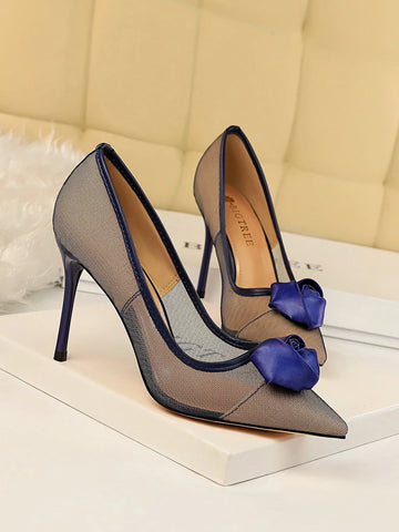 Floral Decor Mesh Stiletto Court Heels