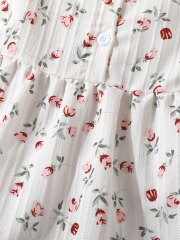 Floral Dress For Young Girls, New Collection, French Design With Square Neckline And Short Sleeves, Gentle Style