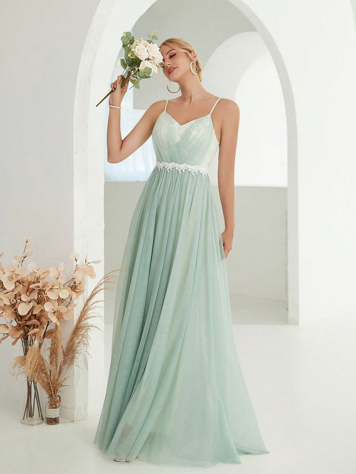 Floral Embroidery Mesh Overlay Cami Bridesmaid Dress