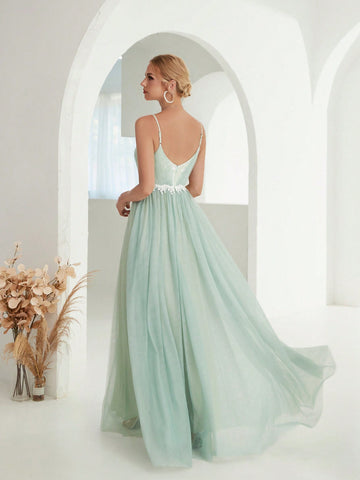 Floral Embroidery Mesh Overlay Cami Bridesmaid Dress