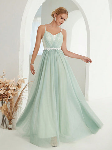 Floral Embroidery Mesh Overlay Cami Bridesmaid Dress