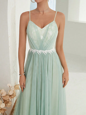 Floral Embroidery Mesh Overlay Cami Bridesmaid Dress