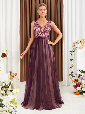 Floral Embroidery Mesh Overlay Maxi Dress