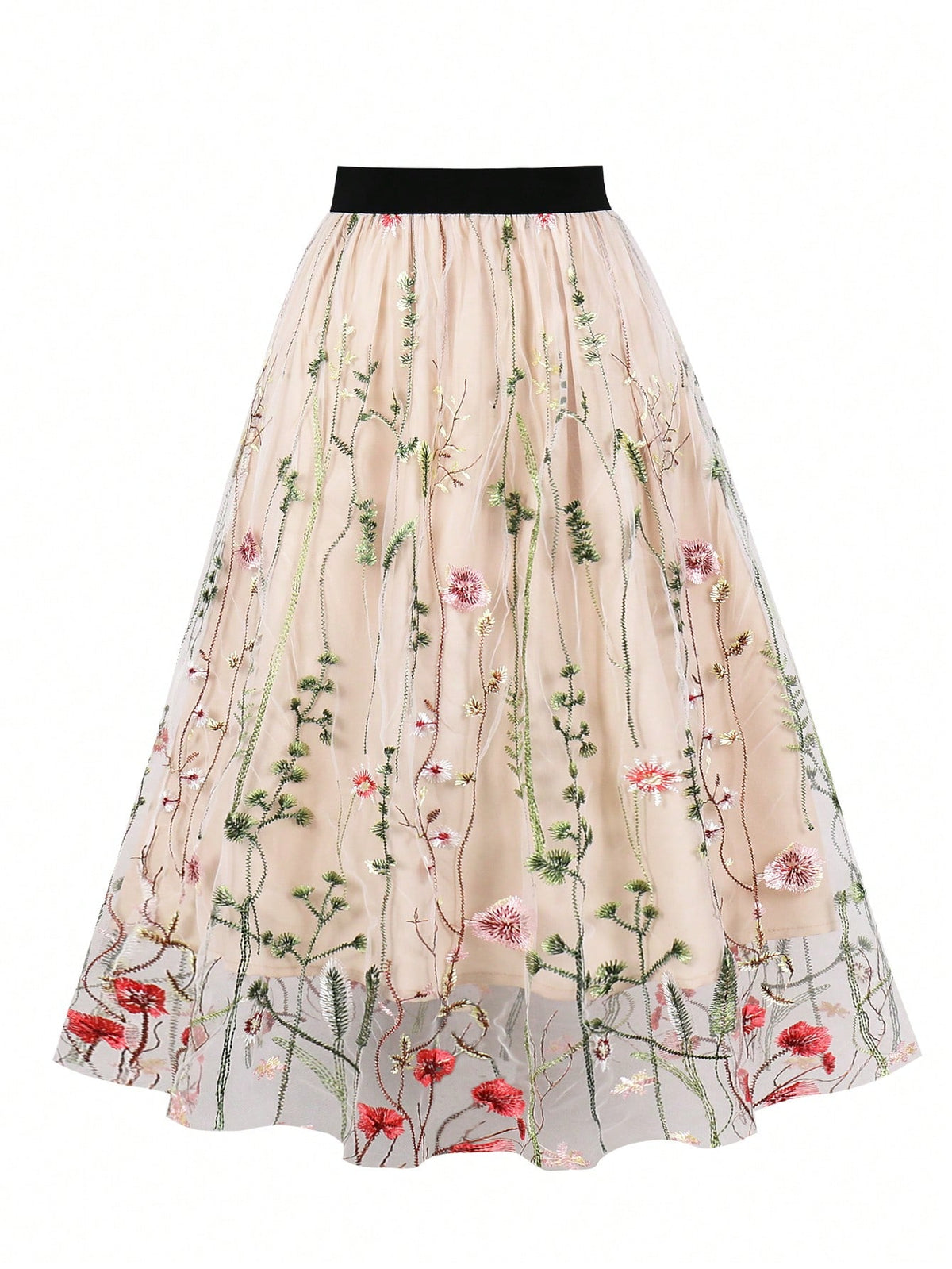 Floral Embroidery Mesh Overlay Skirt