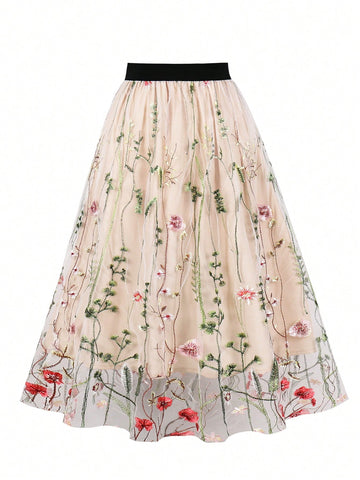 Floral Embroidery Mesh Overlay Skirt