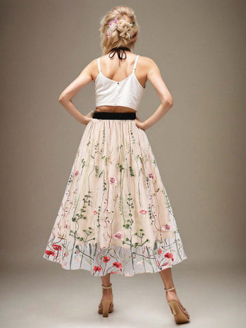 Floral Embroidery Mesh Overlay Skirt