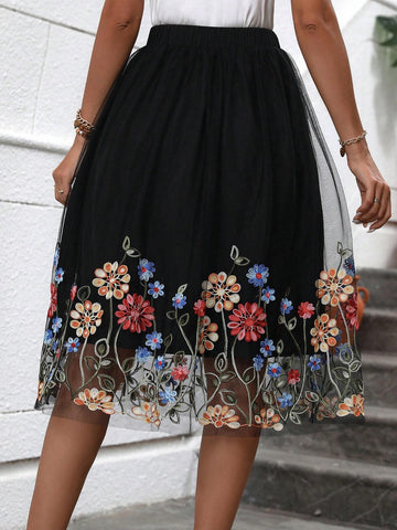Floral Embroidery Mesh Overlay Skirt