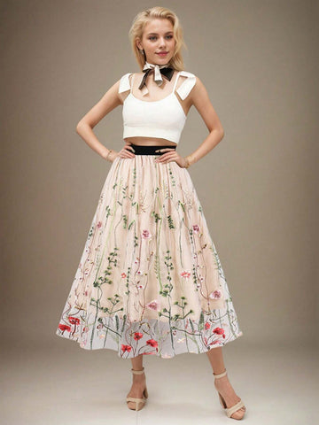 Floral Embroidery Mesh Overlay Skirt