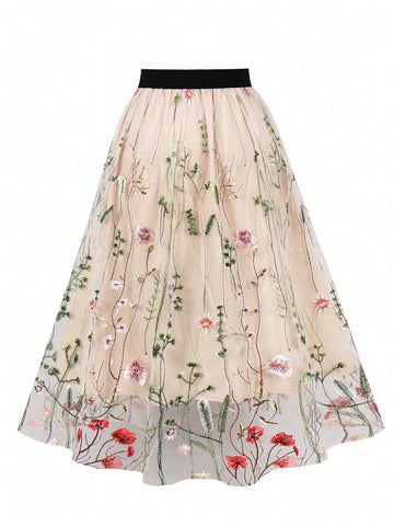 Floral Embroidery Mesh Overlay Skirt