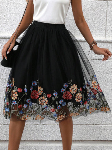 Floral Embroidery Mesh Overlay Skirt