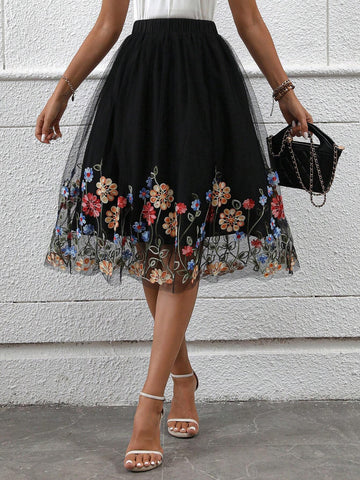 Floral Embroidery Mesh Overlay Skirt