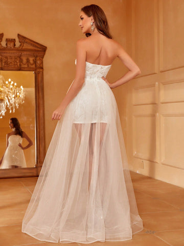 Floral Embroidery Mesh Overlay Tube Wedding Dress