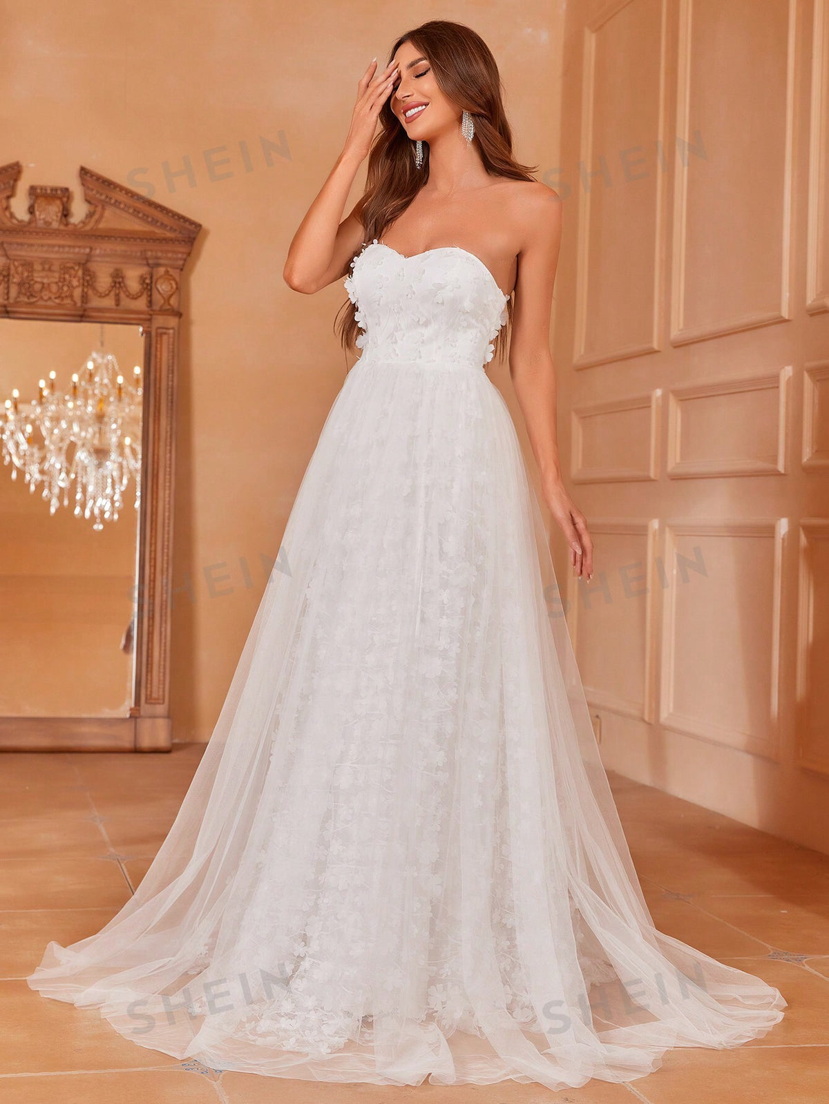 Floral Embroidery Mesh Tube Wedding Dress