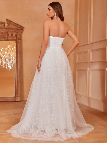 Floral Embroidery Mesh Tube Wedding Dress
