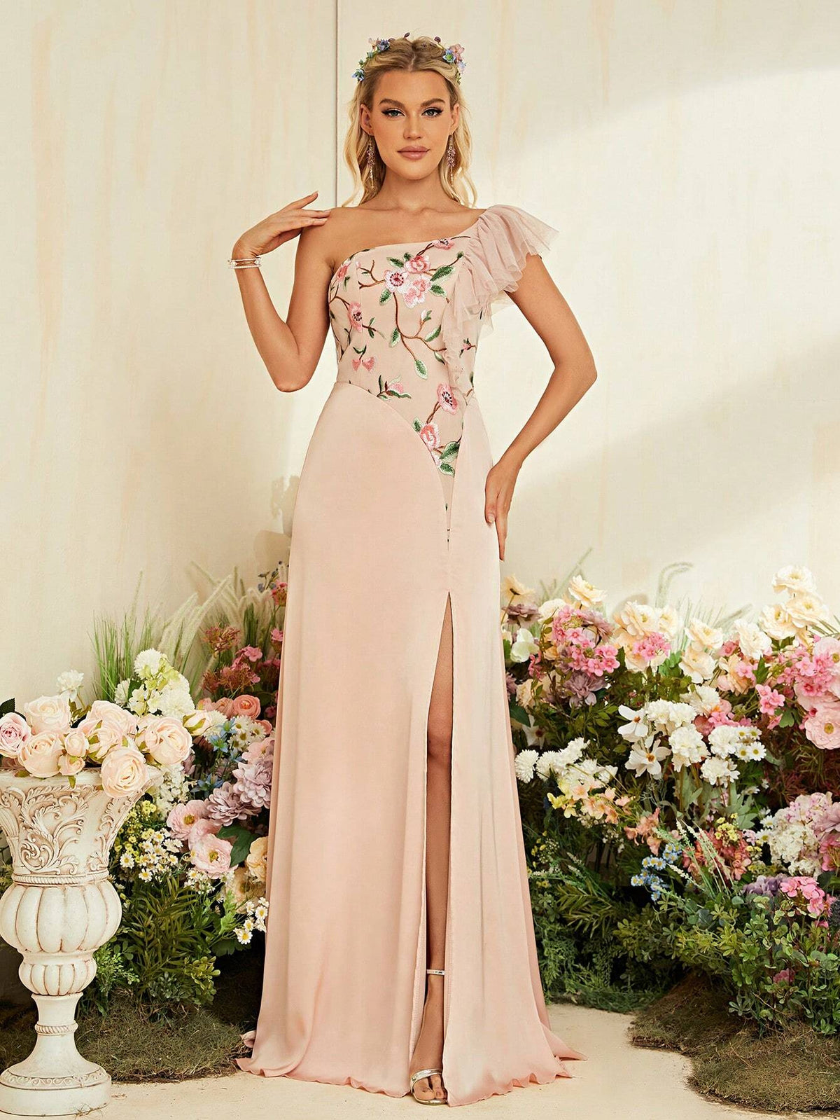 Floral Embroidery One Shoulder Ruffle Trim Split Thigh Bridesmaid Dress