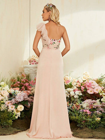 Floral Embroidery One Shoulder Ruffle Trim Split Thigh Bridesmaid Dress
