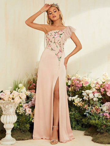 Floral Embroidery One Shoulder Ruffle Trim Split Thigh Bridesmaid Dress