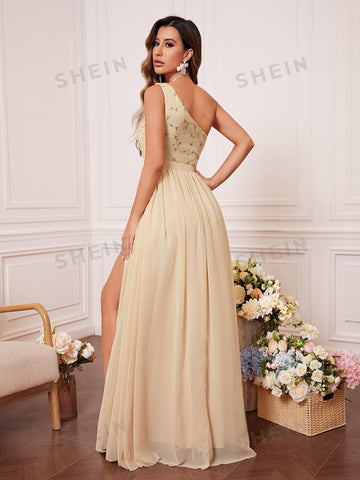 Floral Embroidery One Shoulder Wrap Hem Chiffon Bridesmaid Dress