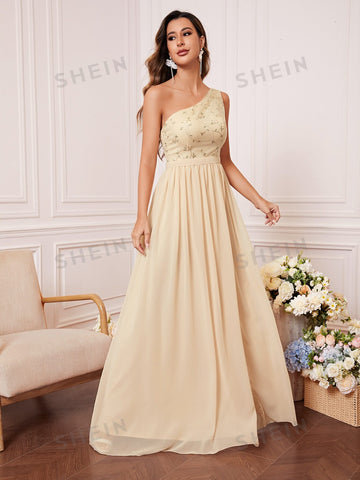 Floral Embroidery One Shoulder Wrap Hem Chiffon Bridesmaid Dress