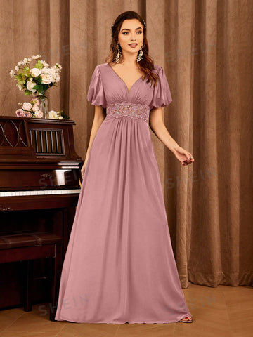 Floral Embroidery Puff Sleeve Bridesmaid Dress