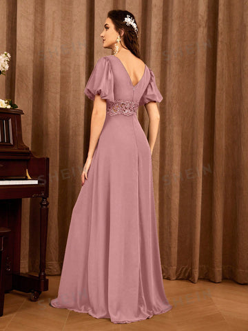 Floral Embroidery Puff Sleeve Bridesmaid Dress