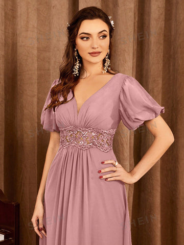 Floral Embroidery Puff Sleeve Bridesmaid Dress