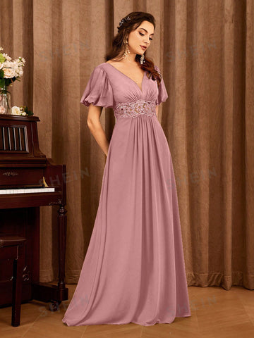Floral Embroidery Puff Sleeve Bridesmaid Dress