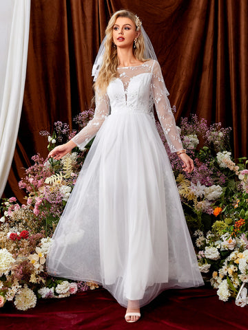 Floral Embroidery Zip Back Mesh Wedding Dress Without Veil