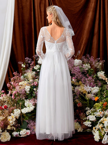 Floral Embroidery Zip Back Mesh Wedding Dress Without Veil