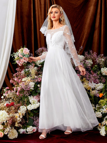 Floral Embroidery Zip Back Mesh Wedding Dress Without Veil