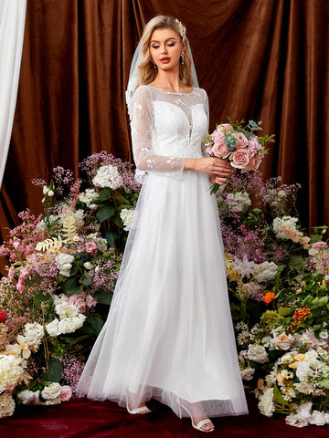 Floral Embroidery Zip Back Mesh Wedding Dress Without Veil