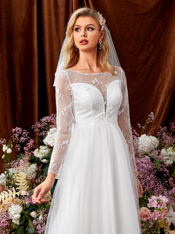 Floral Embroidery Zip Back Mesh Wedding Dress Without Veil